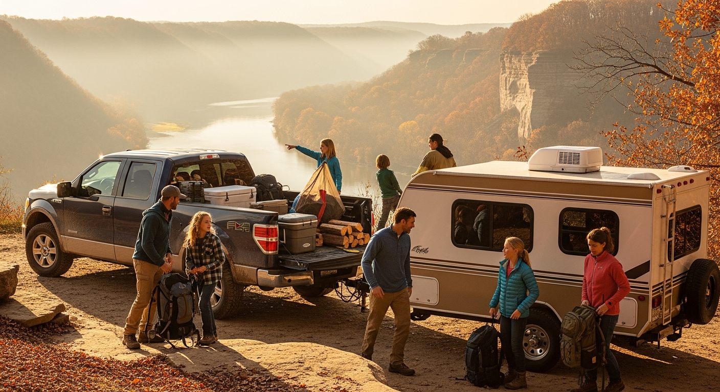 A rugged Ford F-150 is parked at a scenic overlook at Ledges State Park, with a travel trailer hitched behind it and the Des Moines River valley visible in the misty background during golden hour, while camping gear is visible in the truck bed and families in outdoor clothing prepare for an adventure nearby.