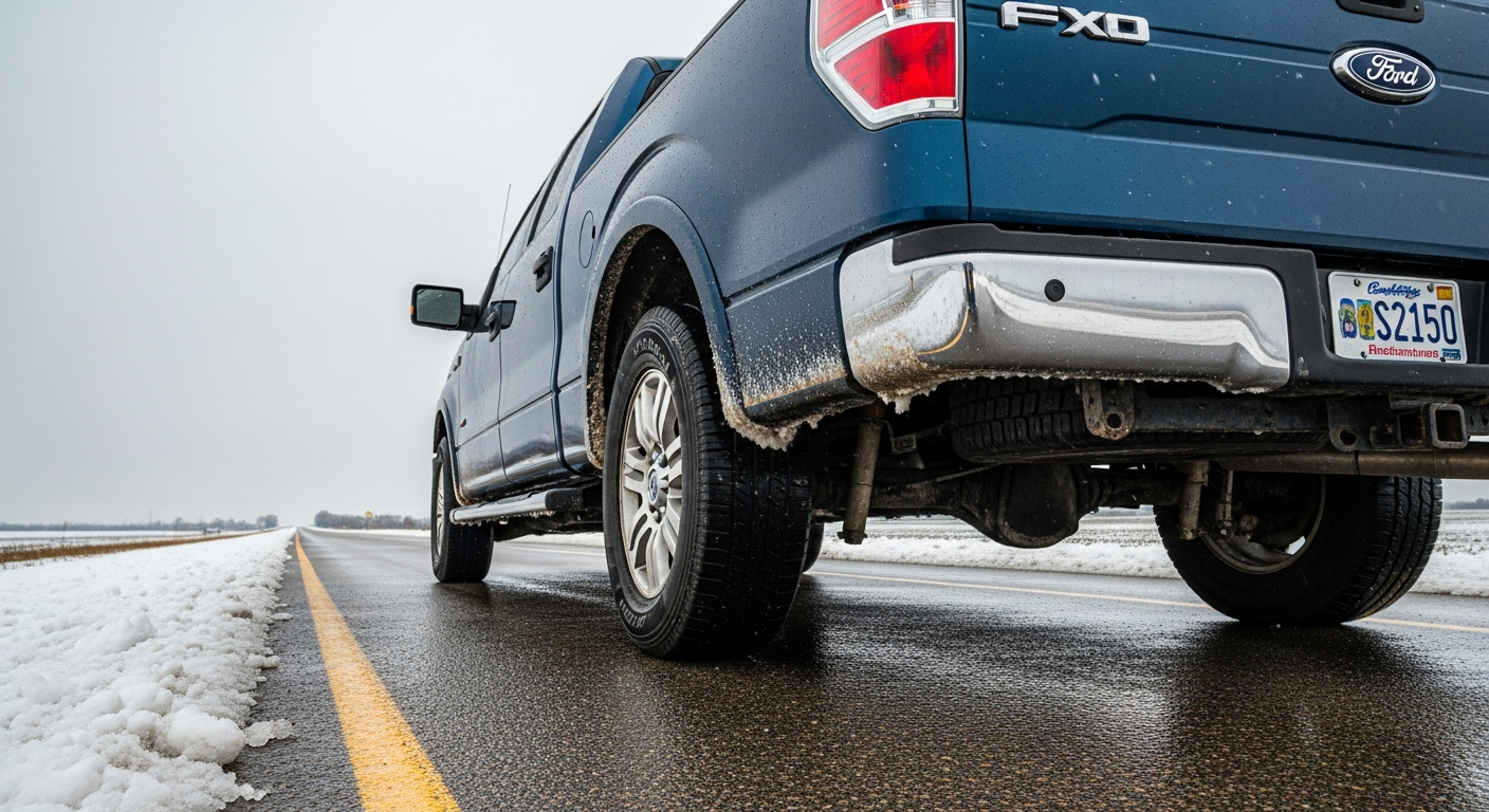 A Ford truck positioned at a slight angle on a wet asphalt surface during late autumn, with salt-laden snow visible on the shoulders of a rural Iowa highway, the undercarriage exposed and glistening with moisture under overcast gray skies, conveying the vulnerability of vehicles to winter road salt damage.