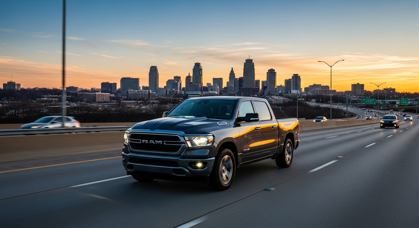 Used 2023 RAM truck driving on Kansas City highway at sunset with skyline visible in distance.