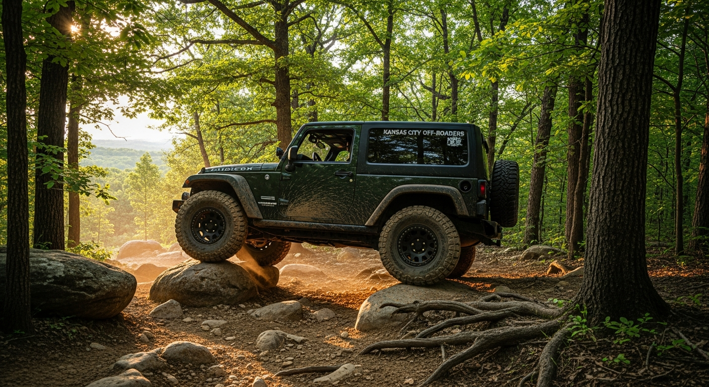 Rugged Jeep navigating the rocky terrain in the woods on an off-roading trail near Kansas City.