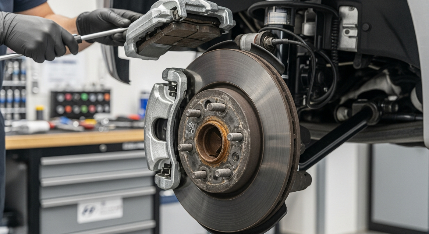 Hyundai brake inspection service showing brake pads and rotors during professional maintenance check