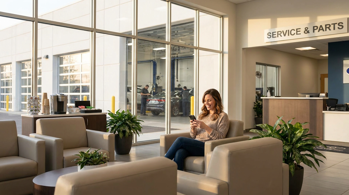 A smiling customer sitting in a comfortable service waiting area at a car dealership, glancing at their phone with a relaxed expression while natural light streams through large windows overlooking the service bay, conveying confidence and ease during a routine maintenance appointment.