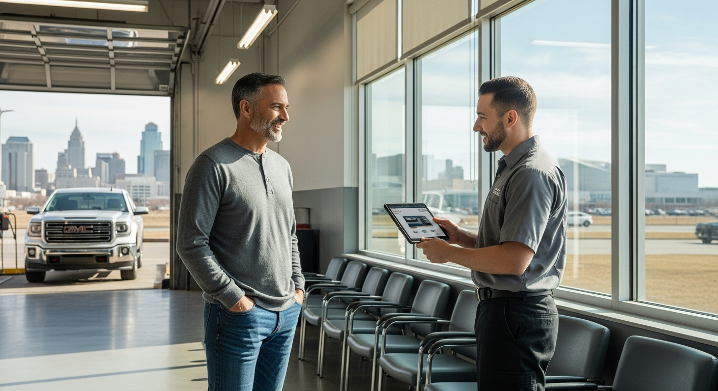A middle-aged man in casual outfit stands in an automotive service facility's waiting area, visiting to a mechanic about maintenance services while sunlight streams through large windows, revealing the downtown Kansas City skyline in the distance, with a sense of trust and confidence happy with what the mechanic is telling him about his gmc thats in service