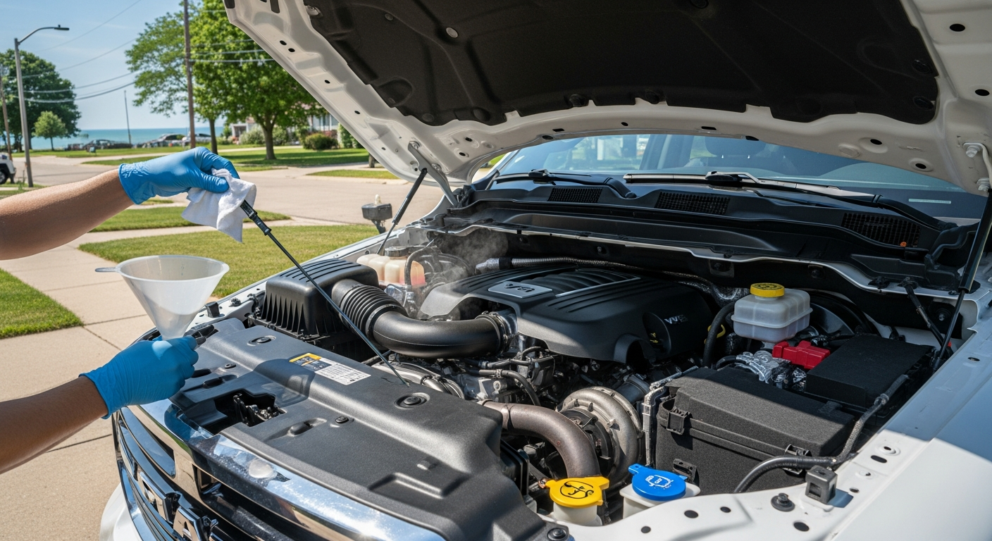A bright summer day in St. Joseph with a Chrysler, Dodge, Jeep, or Ram vehicle parked in direct sunlight on a driveway, hood open to reveal the engine compartment with visible heat shimmer rising from the metal surfaces, while a technician's hands are shown checking the dipstick or preparing for an oil change, emphasizing the intense underhood heat of summer conditions.