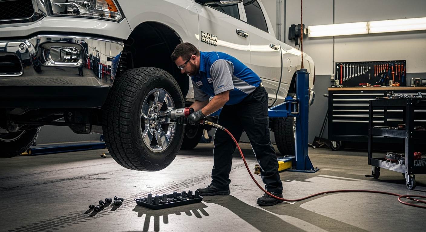 A certified technician in a professional service bay leans over a lifted Ram truck, using pneumatic tools to remove lug nuts from a wheel during a tire rotation, with bright workshop lighting casting sharp shadows on the vehicle and concrete floor, conveying precision and expertise.
