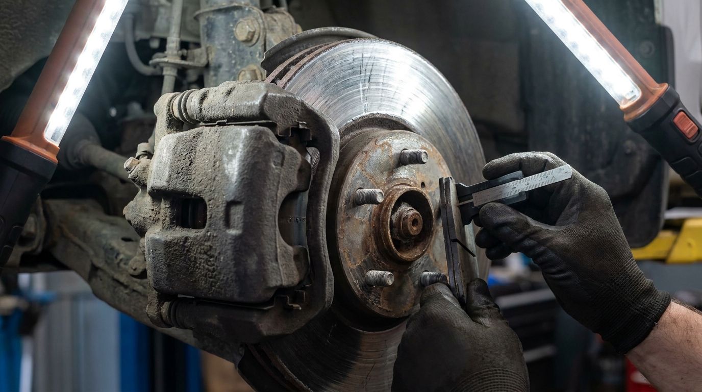 A close-up view of a vehicle's brake rotor and caliper assembly showing visible wear patterns and dust buildup, with a certified technician's hands in work gloves inspecting the brake components under bright workshop lighting, emphasizing the detail of brake pad thickness and rotor condition.